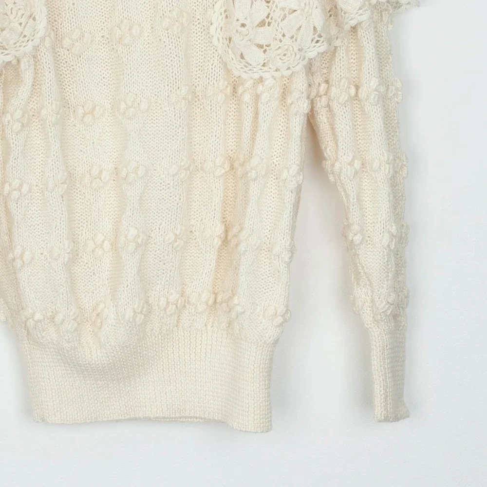 Catharine Lover‎ Womens Hand Knitted Victorian Style Wool Sweater Size L Ivory